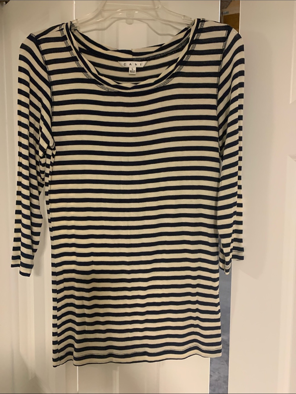 CAbi Navy and Cream Striped Scoop Neck Top